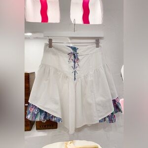 Vintage White High Waist Lace Up Ruffle Cotton Mini Skirt